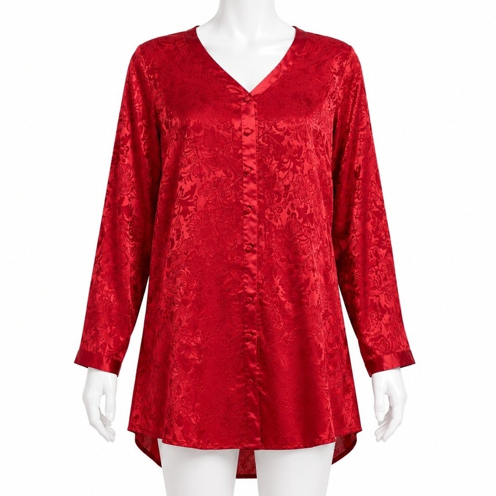 Vintage Victorias Secret Floral Jacquard Satin Sleep Shirt Top Y2K Red Medium